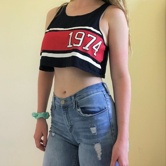 Navy, red, and white striped graphic 1974 crop top - Picture 3 of 7